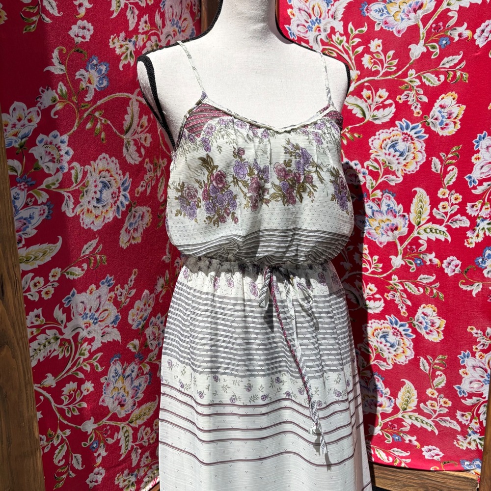 Cream Floral Boho Cottage Prairie Maxi Sun Dress Women's Size M - Picture 15 of 15